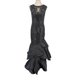 TERI JON Formal Gown SIZE 6 Black Taffeta Lace Bodice Layerd Skirt Whimsey Goth
